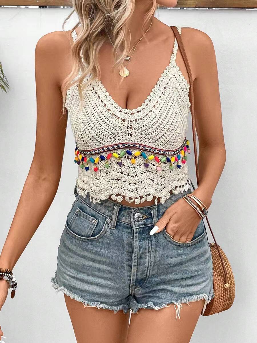 Hand Crocheted Openwork Suspender Top With Tassel Beads Crochet hook
