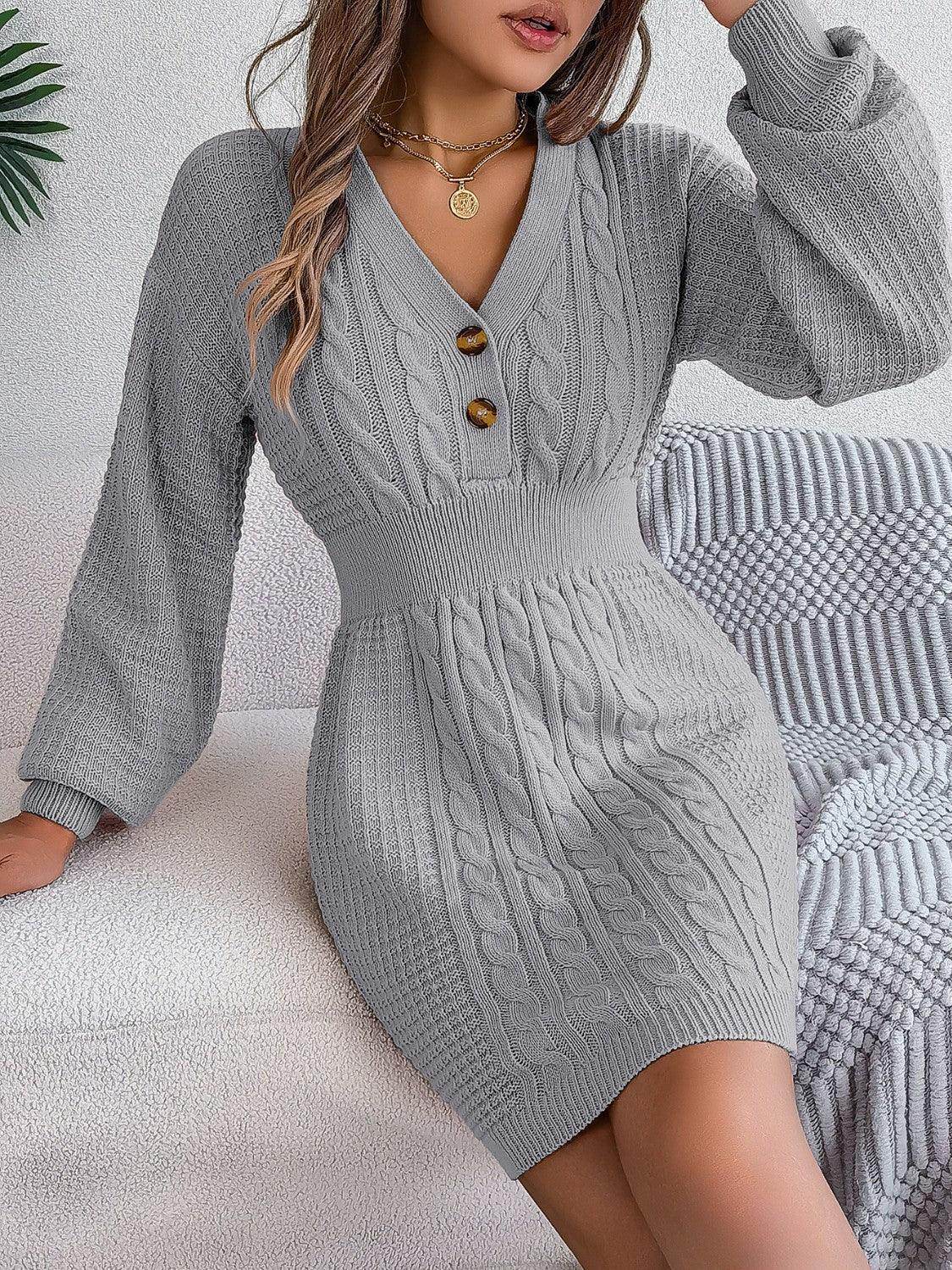 Buttoned Cable-Knit V-Neck Sweater Dress for Women