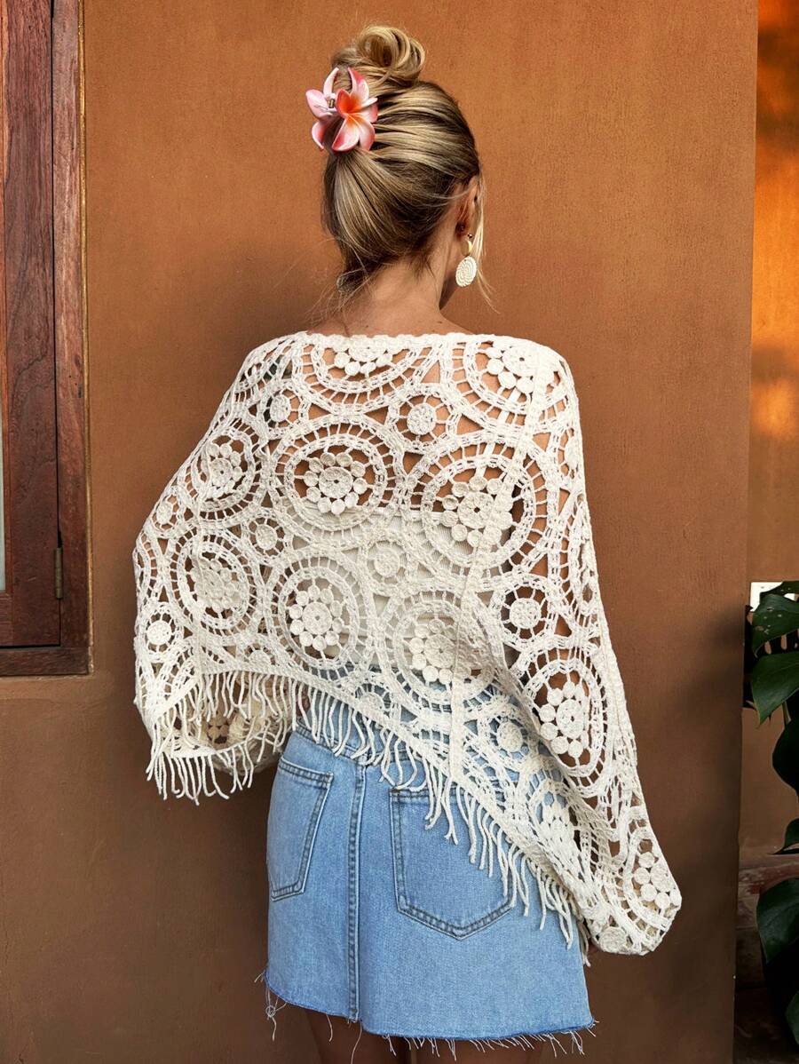 Women Summer Vacation Long Sleeve Solid Short Top Crochet hook