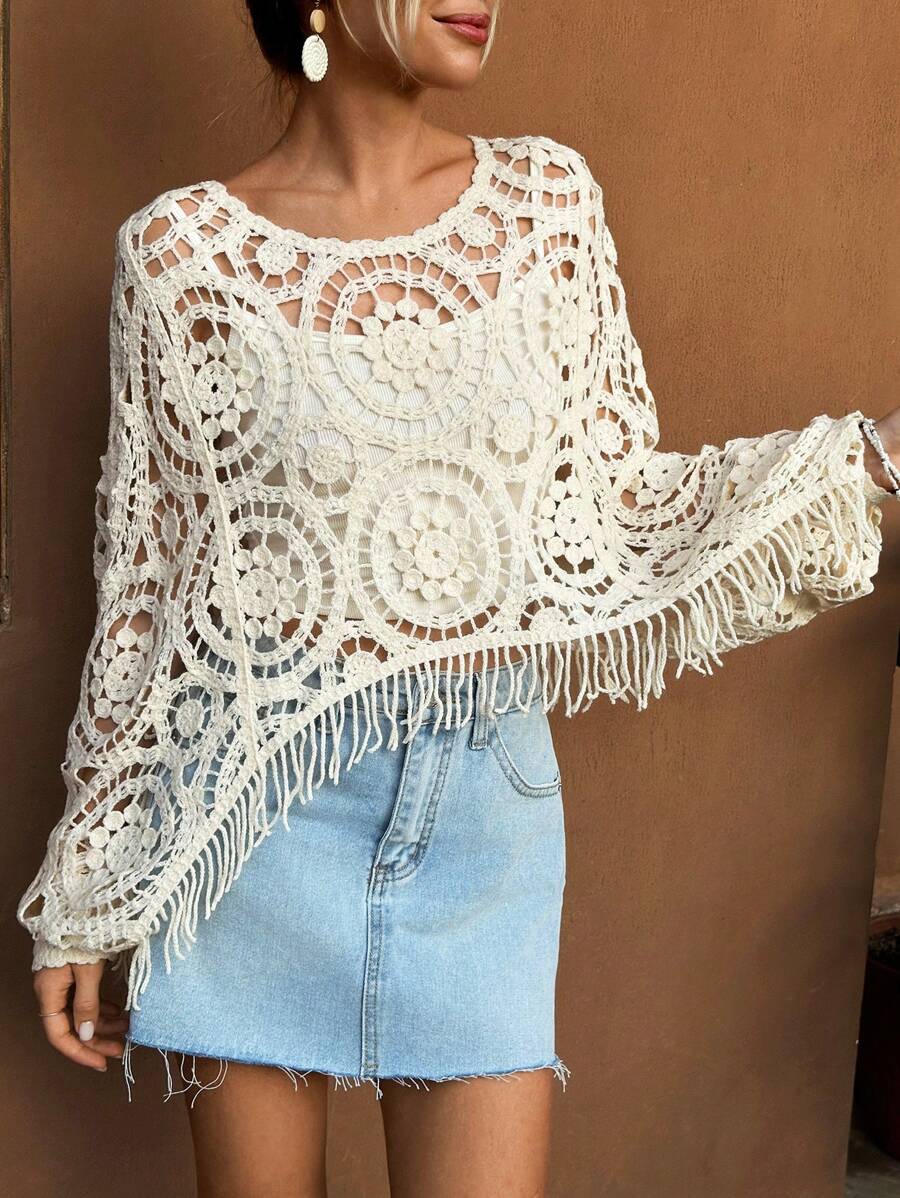 Women Summer Vacation Long Sleeve Solid Short Top Crochet hook