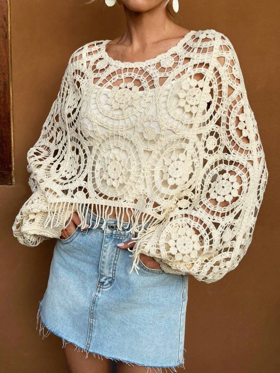 Women Summer Vacation Long Sleeve Solid Short Top Crochet hook