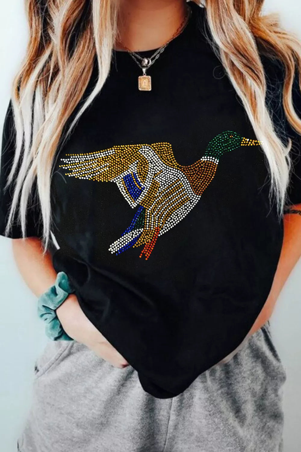 Full Size Rhinestone Flying Mallard Casual Round Neck T Shirt Plus Size