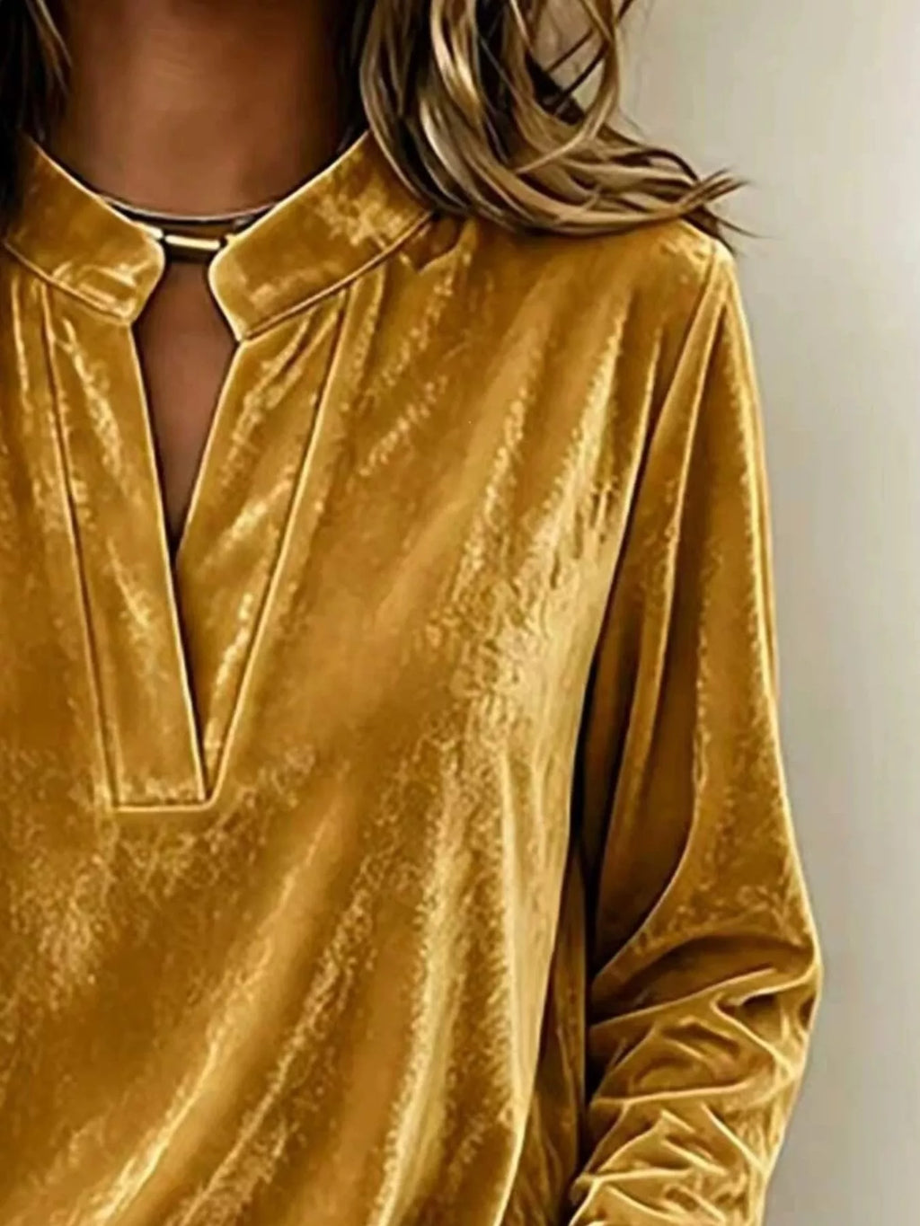 Full Size Velvet Notched Long Sleeve Blouse Plus Size