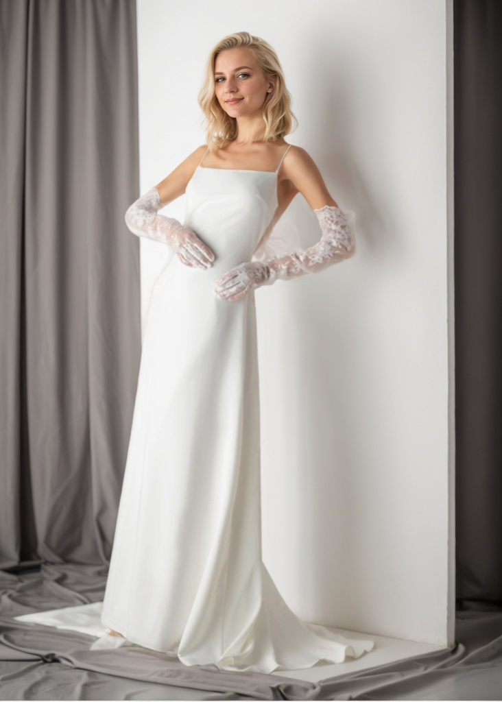 Minimalist Satin Wedding Dress with Delicate Bow Back & Sheer Gloves