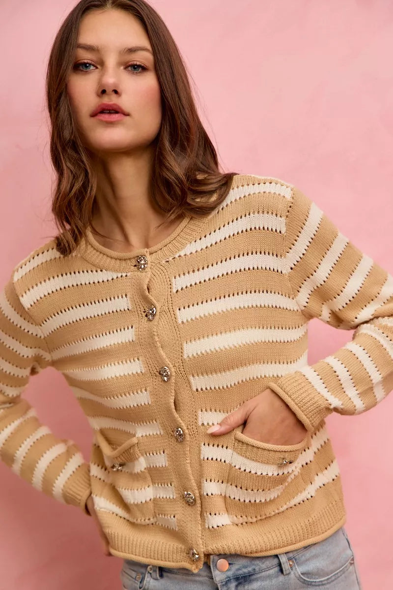 SO ME Stripe Long Sleeves Button Sweater Cardigan