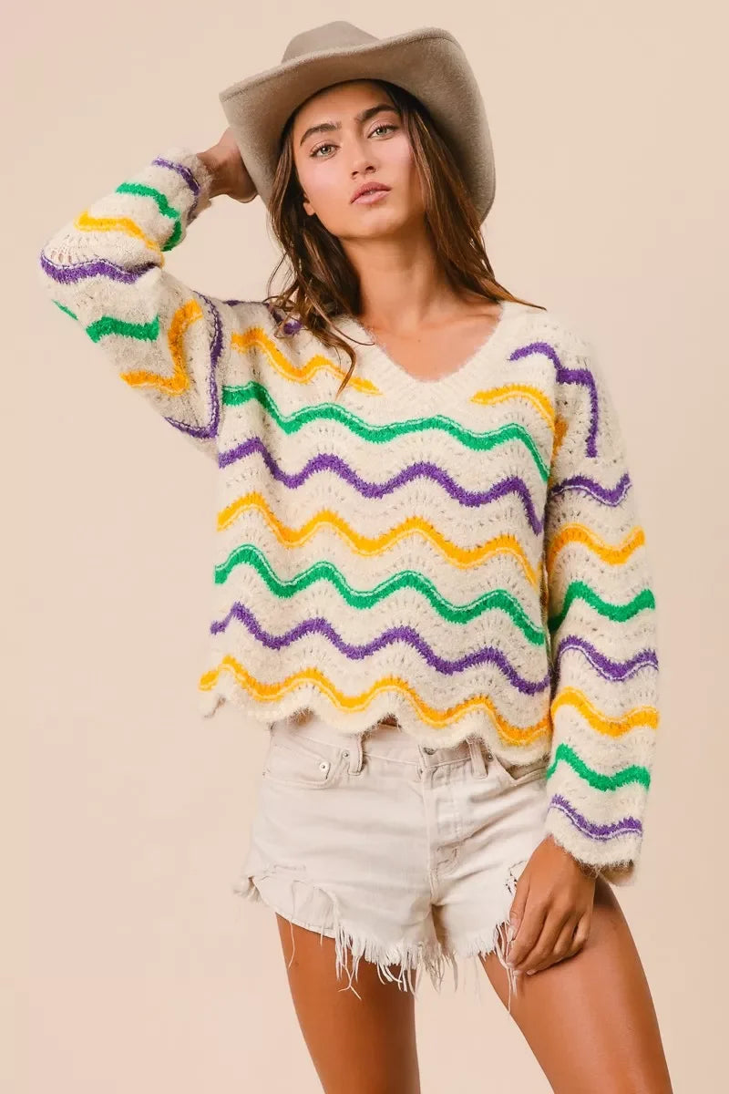 BiBi Mardi Gras Wavy Stripes V-Neck Sweater
