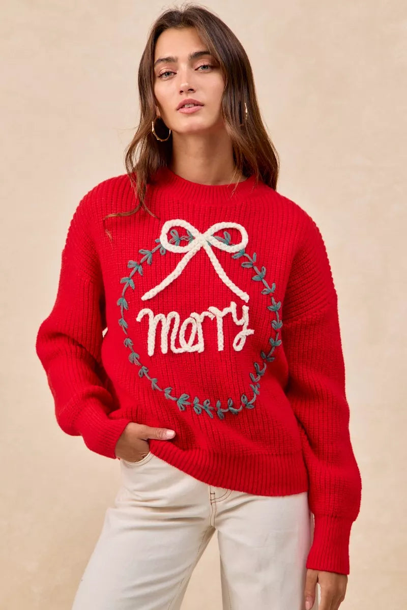 BiBi Christmas Wreath Merry Letter Knit Top