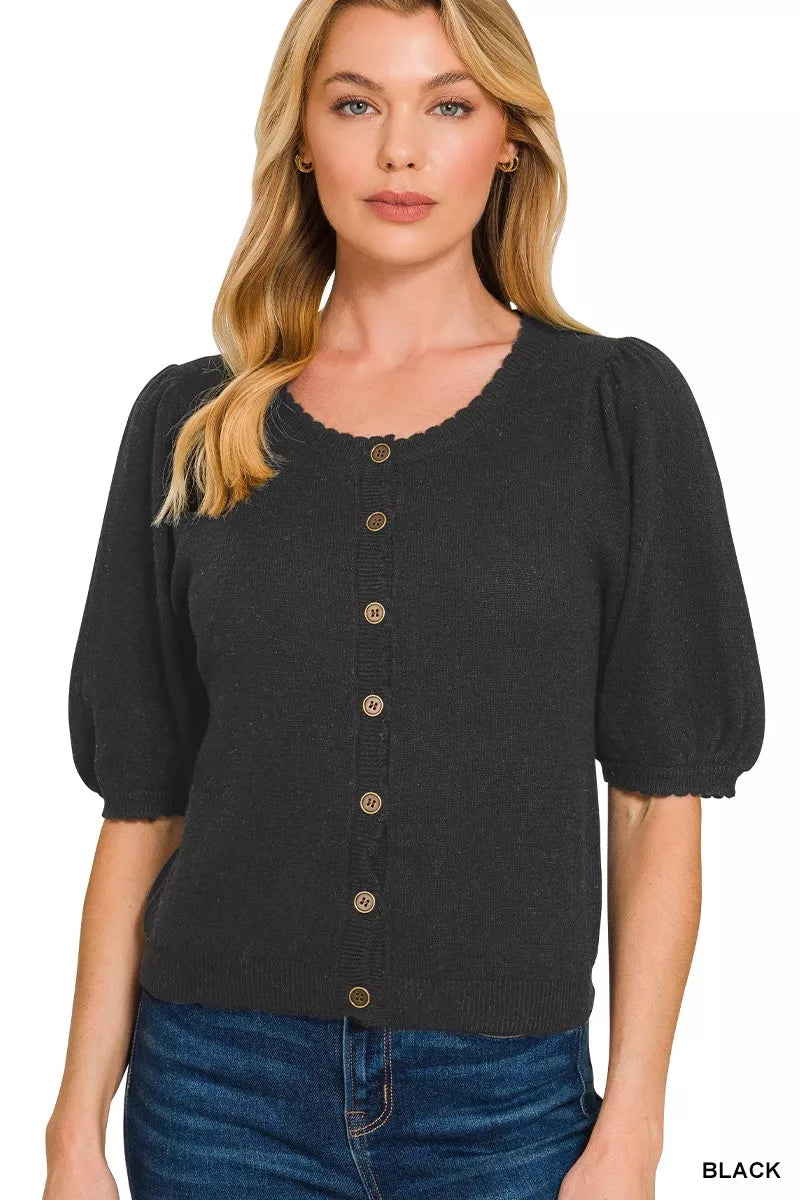 Zenana Puff Sleeve Wool Sweater Cardigan