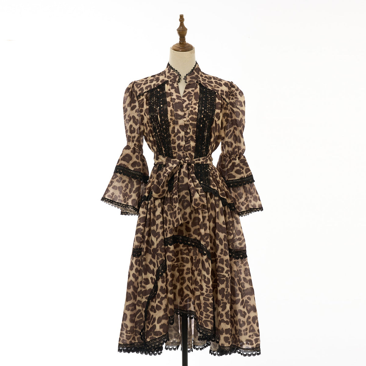 Women Retro And Sexy Dress With Lace Trim And Tie On Waistband