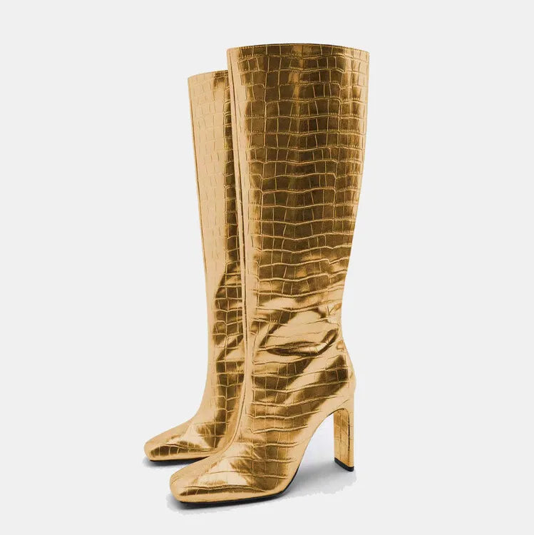 European and American New Autumn and Winter Gold Women's Boots Fashion Square Head Knee High Boots Fashion Catwalk High Heels
