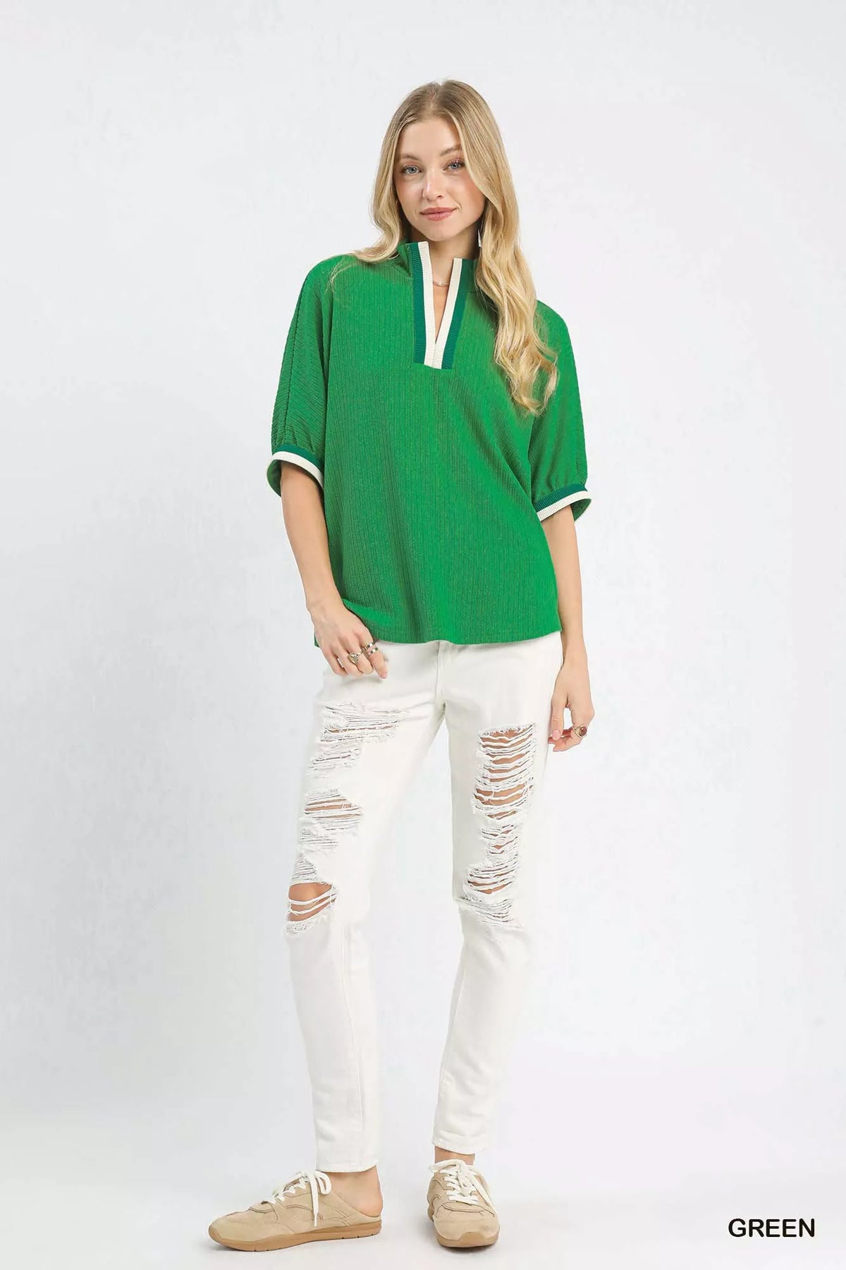 Umgee Textured Knit Top with Striped Contrast Trim