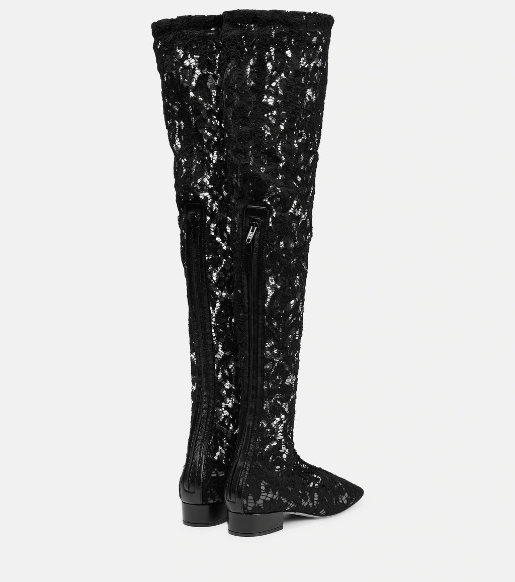Square Head Sexy Lace Flower Low Heel Back Zipper Over Knee Boots Large Womens Boots
