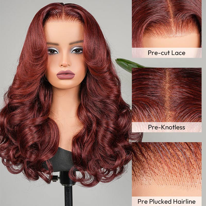 Junoda Cherry Cola Red Wig Pre-Everything Glueless Wig Layered Cut Customized Wave Human Hair Wig