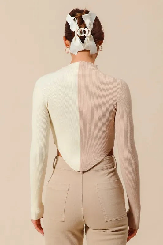 SO ME Color Block Fitted Crop Sweater Top