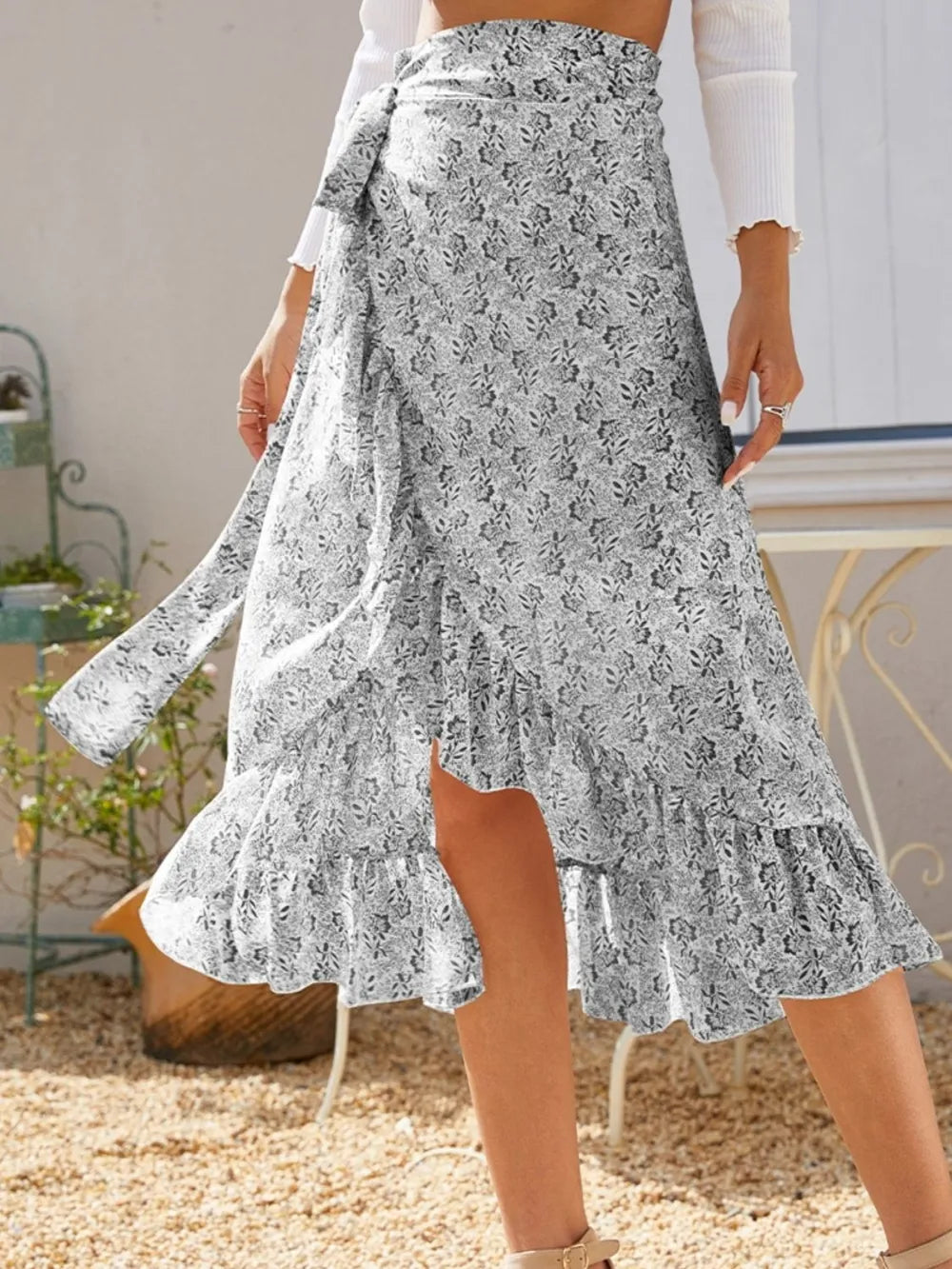 Printed Ruffled Midi Skirt