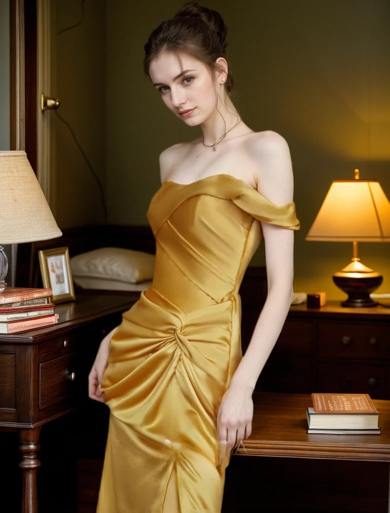 Golden Hour Off-the-Shoulder Satin Ball Gown Evening Dress