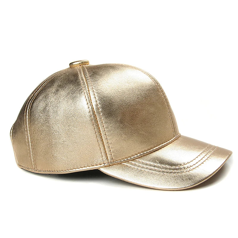 Fashion Women's Baseball Cap Sheepskin Gold / Silver Leather Duck Tongue Hats Young Man
