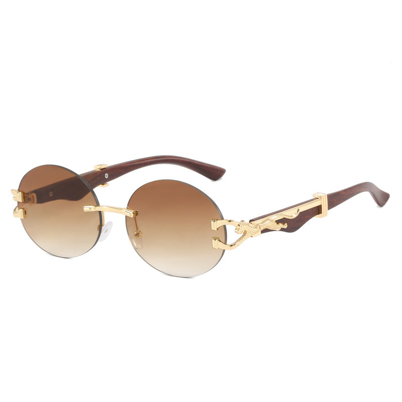 Leopard round frameless cut edge wooden leg sunglasses new sunglasses ins sunglasses for women