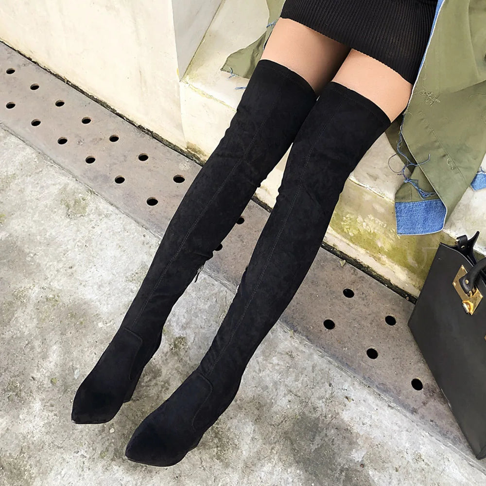 Winter Large Women's Thick Heels Fashion Casual Matching Sexy Pointed Head Over Knee Thigh Zipper Knight Long Boots