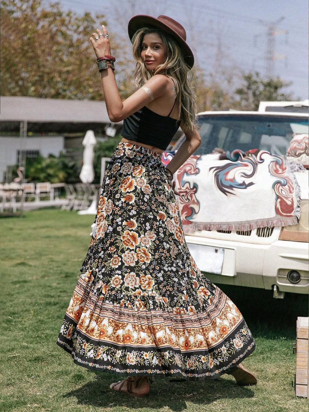 Plus Size Boho Floral Print High-Low Skirt