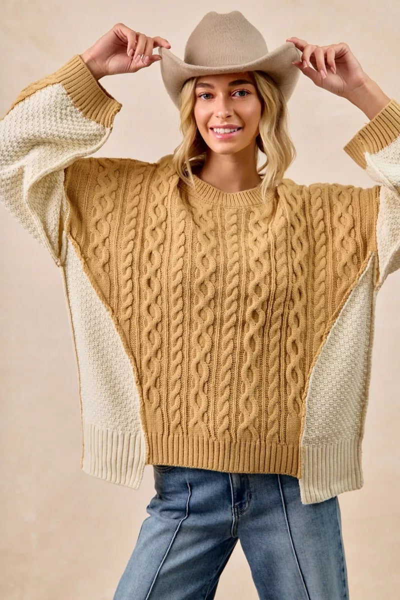 BiBi Cable Knit With Hacci Combo Sweater With Uneven Hem Detail