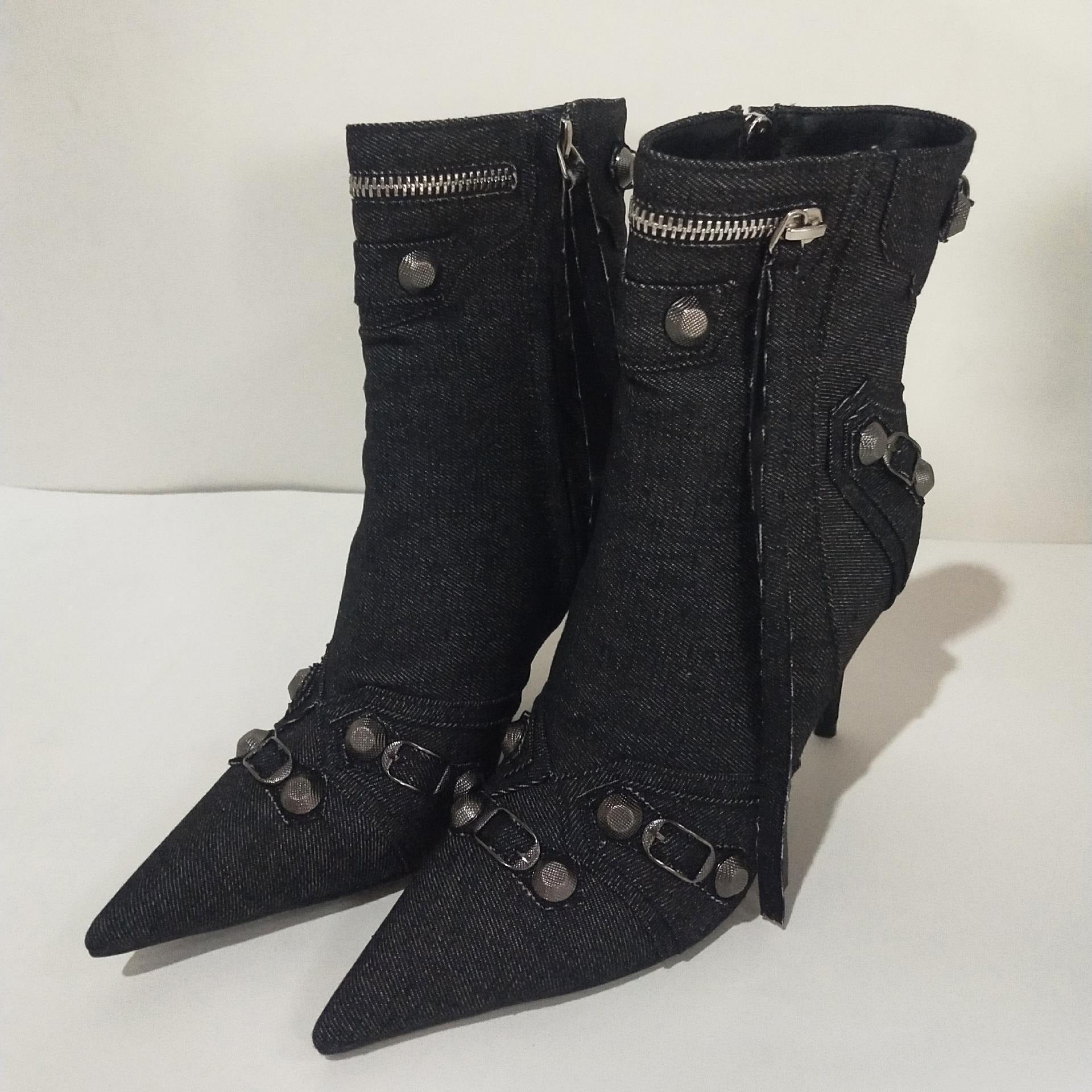 Metal Rivet Blue Denim Short Boots Silver Microfiber Leather Side Zipper Pin Buckle