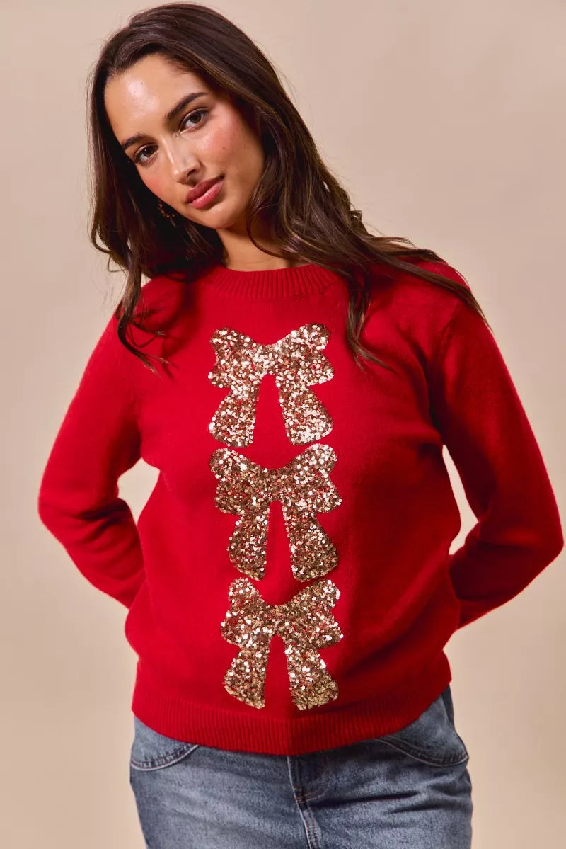 SO ME Sequins Bow Ribbon Embellished Christmas Sweater