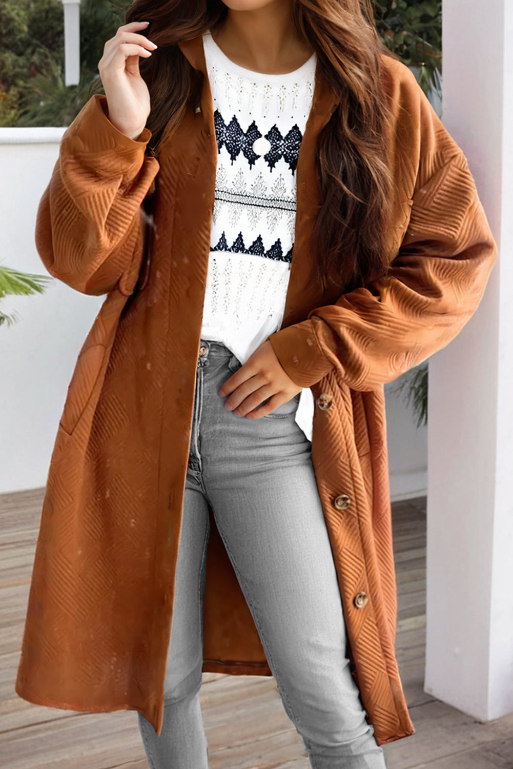 Textured Collared Button-Up Drop Shoulder Coat
