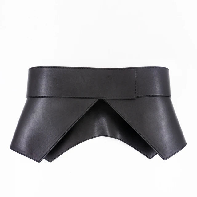 Geometrically designed waist closure corset type wide waist closure belt leather coat women's wide belt
