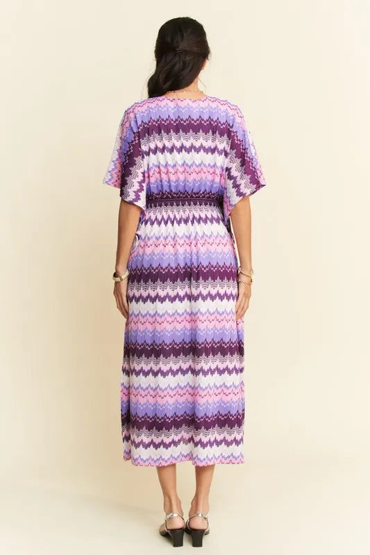 Davi & Dani Multi Color Wavy Tie Waist Flowy Sleeve Dress
