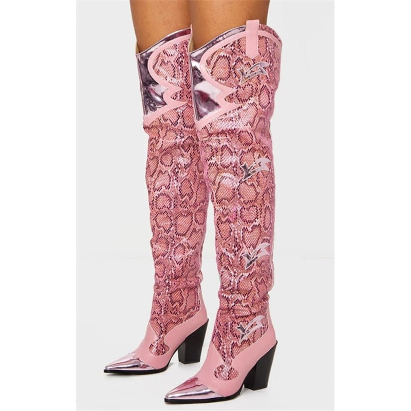 Women's Over-the-Knee Pink Snake Skin Boots