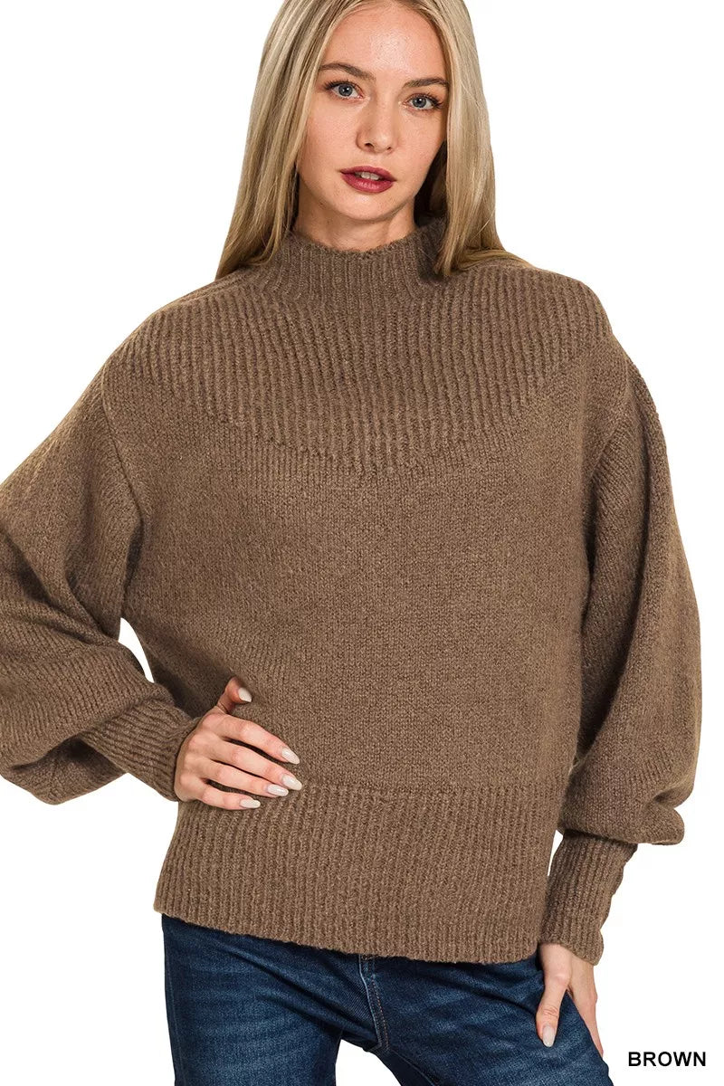 Zenana Balloon Sleeve Mock Neck Sweater