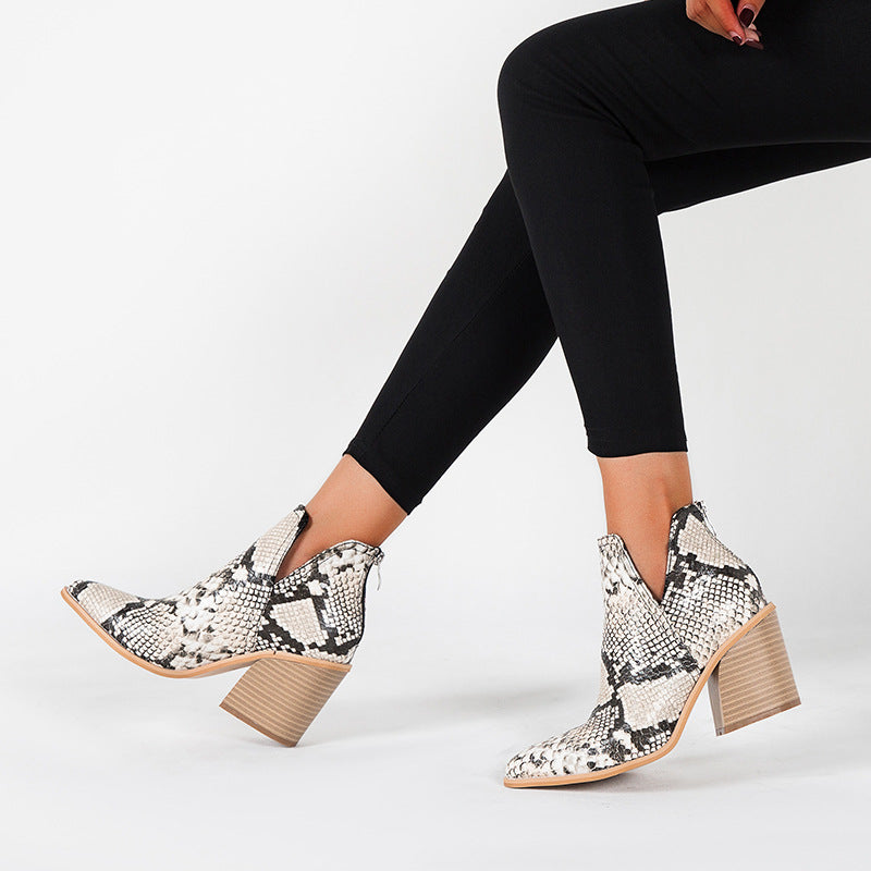 Leopard Short Boots Female Spring And Autumn New High-Heeled Martin Boots Thick With Pointed And Bare Boots