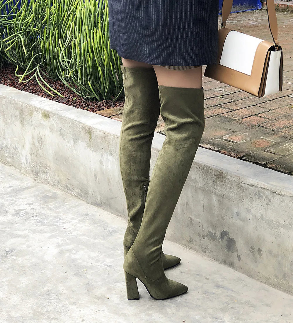 Winter Large Women's Thick Heels Fashion Casual Matching Sexy Pointed Head Over Knee Thigh Zipper Knight Long Boots