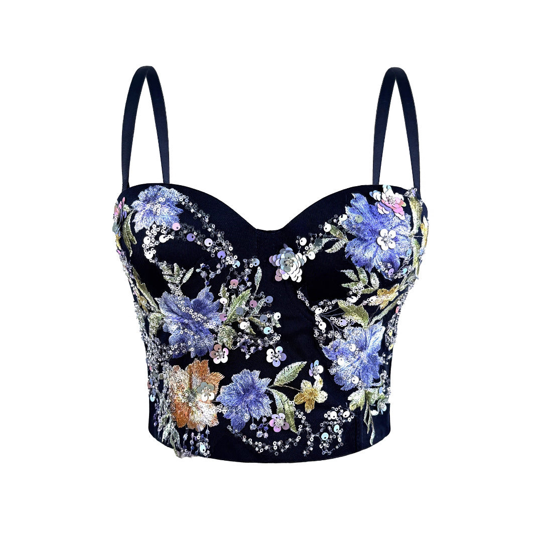 Handmade Embroidered Beaded Strapless Corset Vintage Outerwear Fitted Boned Top for Women
