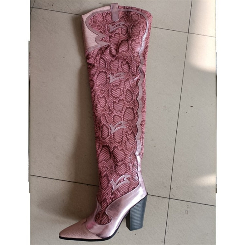 Women's Over-the-Knee Pink Snake Skin Boots