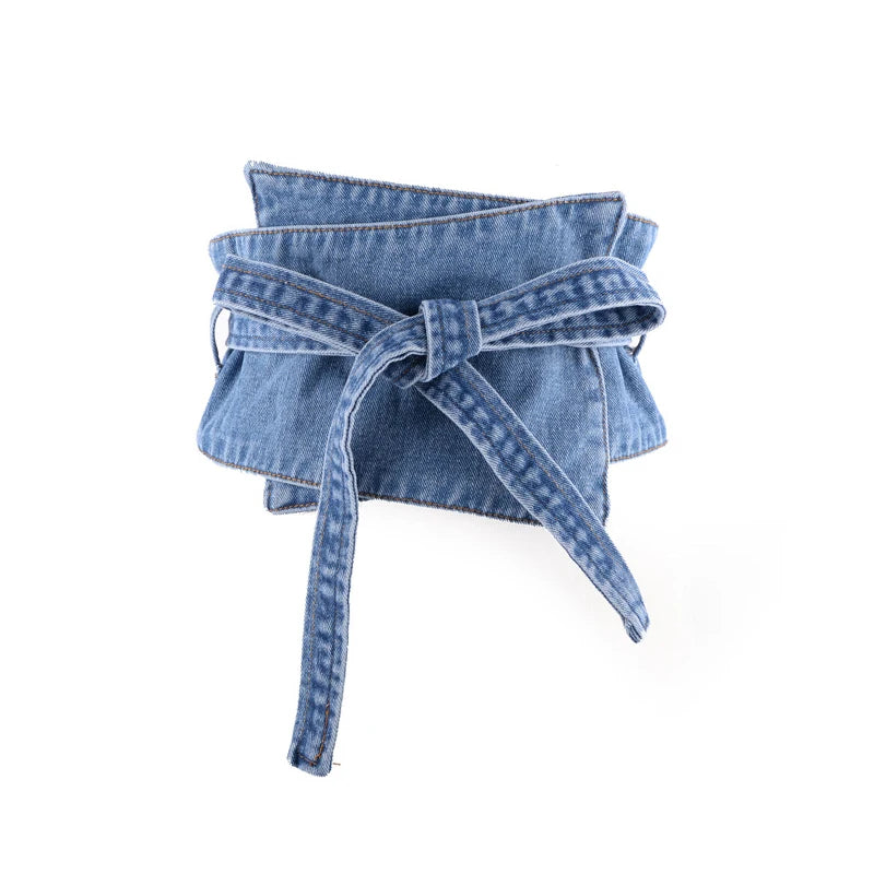 The Denim Peplum Cinch Belt — Dark Wash