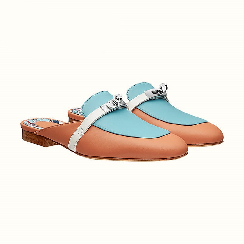 Cowhide Low Heel Round Head Metal Buckle Headband Back Air Cool Tug for Women