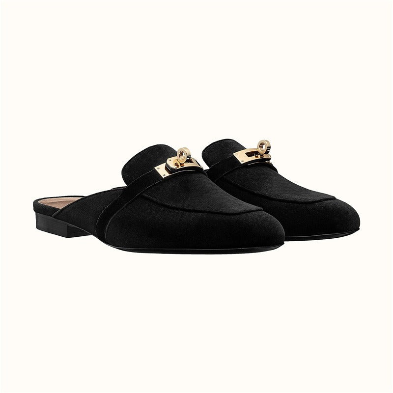 Cowhide Low Heel Round Head Metal Buckle Headband Back Air Cool Tug for Women