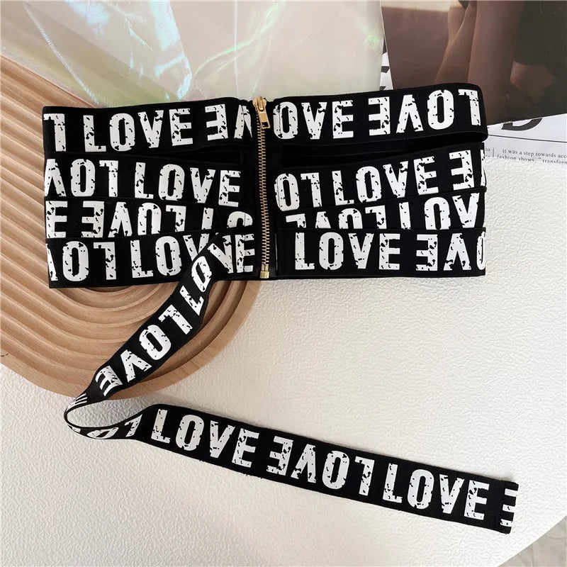 Women Cummerbunds Letter Printed Zipper Black Wide Belt Fashion Elastic Waistband All Match Ladies Waist Band Corset