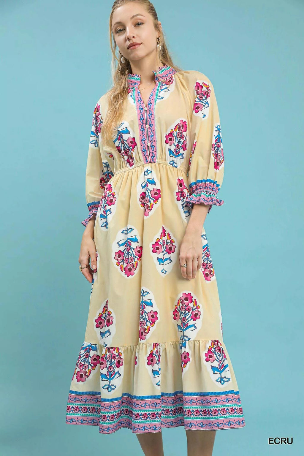 Umgee Flower Patch Border Print Midi Dress