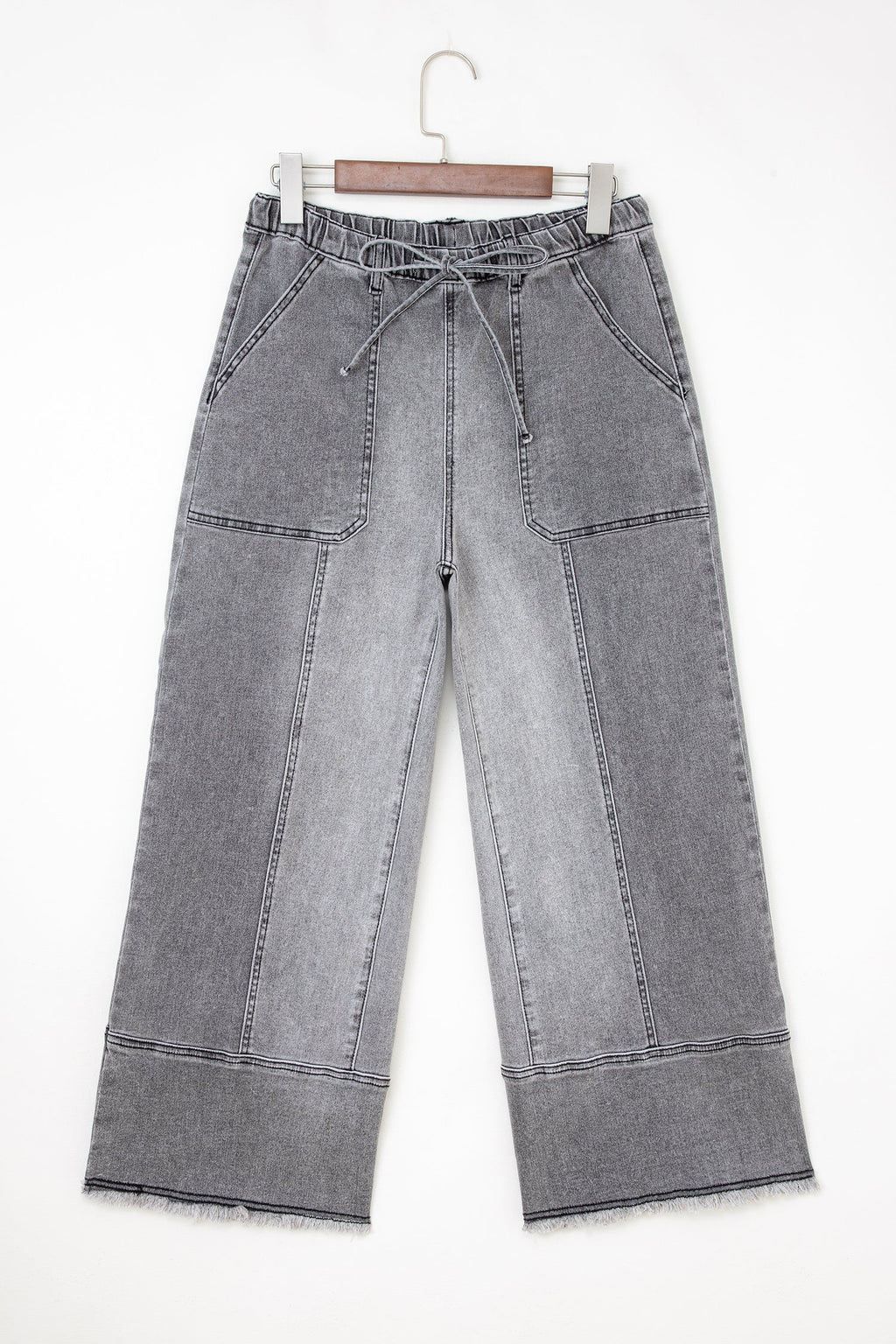 Denim Raw Hem Drawstring Wide Leg Pants-1