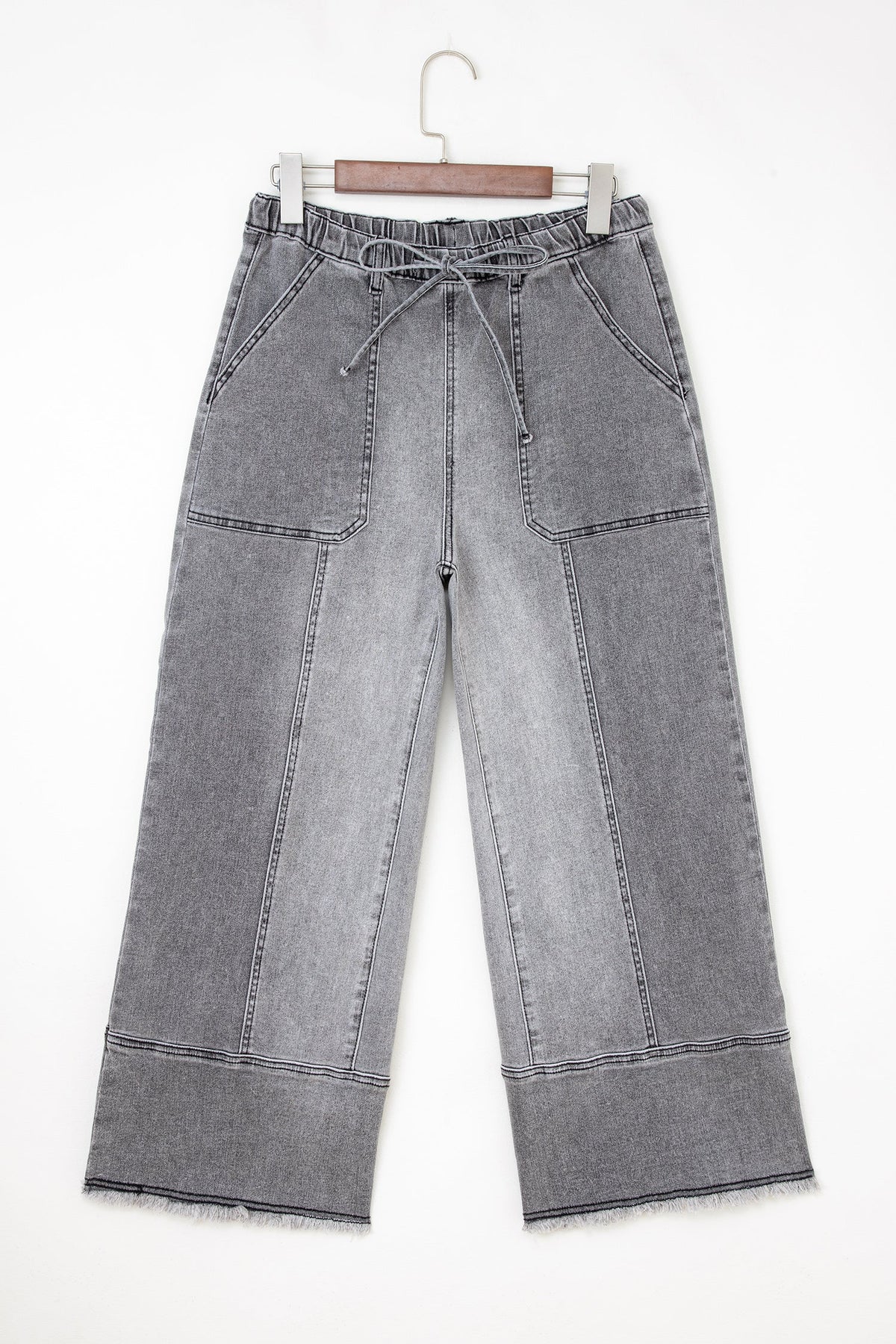 Denim Raw Hem Drawstring Wide Leg Pants-1
