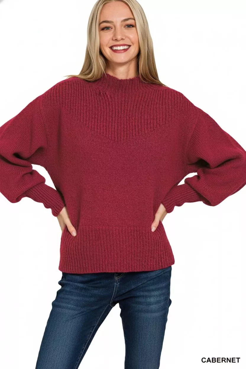 Zenana Balloon Sleeve Mock Neck Sweater