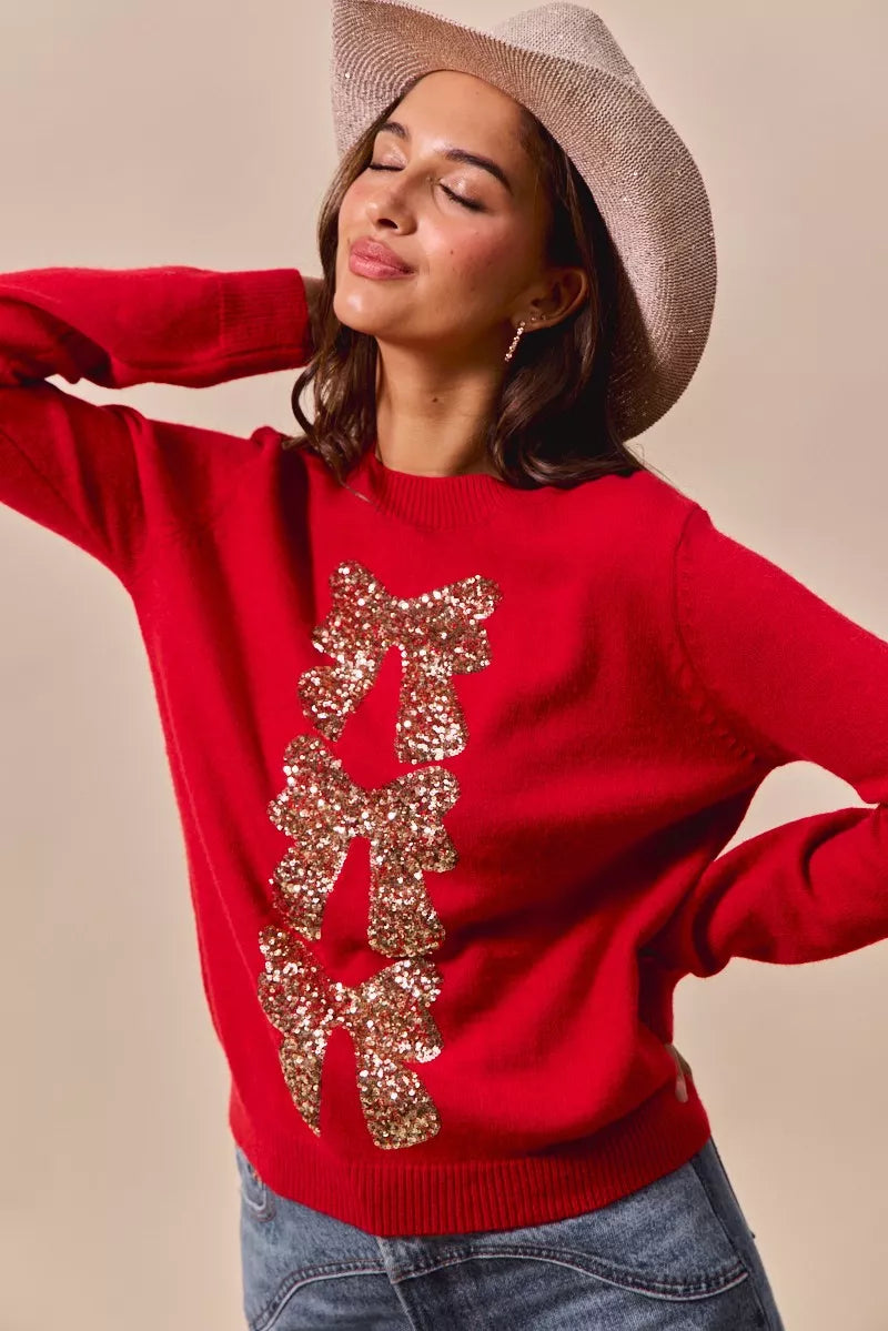 SO ME Sequins Bow Ribbon Embellished Christmas Sweater