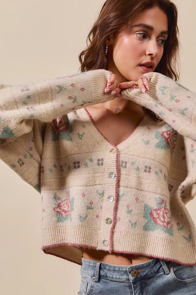 SO ME Floral Pattern Long Sleeve Button Sweater Cardigan