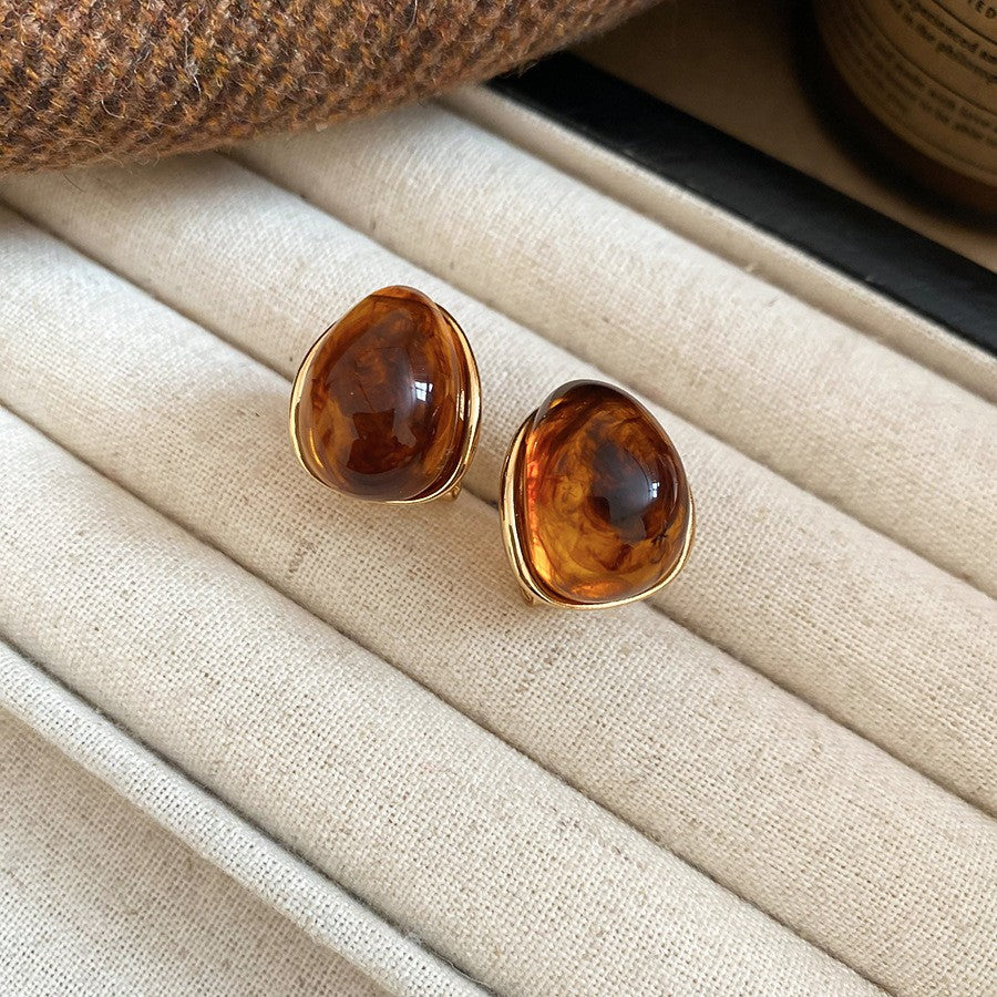 Vintage Amber Resin Square Stud Earrings