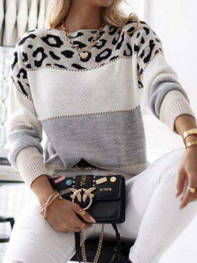 Leopard Color Block Round Neck Long Sleeve Sweater for Women