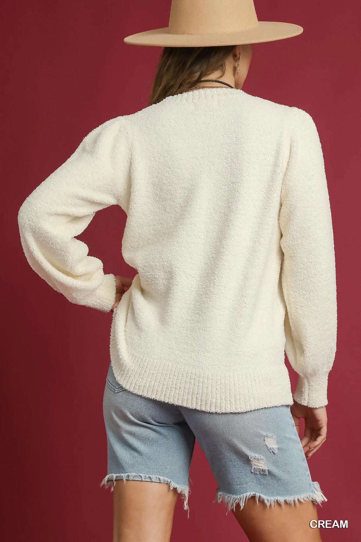 Umgee Textured Long Sleeve Sweater with Ribbed Trim