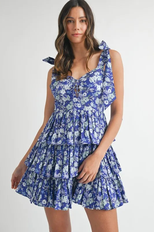 MABLE Floral Print Shoulder Tie Layered Mini Dress